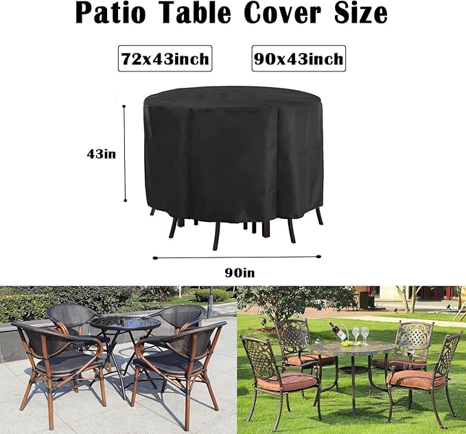 Kingling Patio Furniture Covers Waterproof, Round Patio Table Cover 90 inch Heavy Duty Outdoor Table Cover for Dining & Coffee Table Chair Set, Firepit Table All Weather Resistant Black- 90''D x43''H