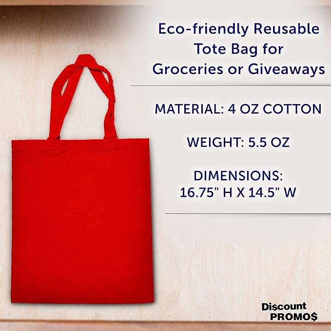 DISCOUNT PROMOS Cotton Canvas Tote Bags Set of 10, Bulk Pack - Reusable, Great for Shopping, Grocery, Beach, Picnic, Wedding Favors - Red