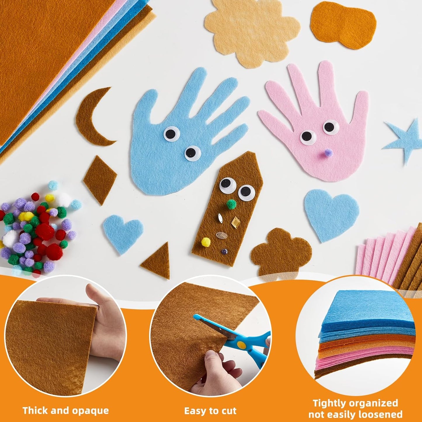 42Pcs Boho Felt Fabric Sheets 8 x 12 Inch Brown Beige Blue Assorted Soft Thick Felt Pack with Wiggle Google Eyes Pom Poms Glitter Patchwork Craft Supply for DlY Sewing Creative Art Project Decor