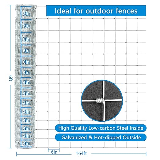 Farm Fence 6ft x 164ft Heavy Zinc Coating Cattle Deer Goat Fence,Galvanized Field Wire Fencing,Hog Wire Fencing for Yard Livestock & Animals Protection