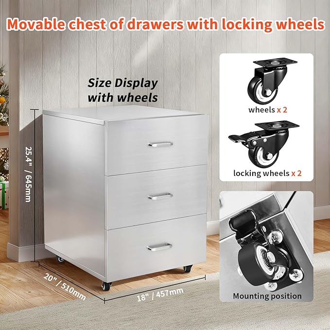JIEJIN Outdoor Kitchen Drawers Stainless Steel Triple BBQ Island Drawer Flush Mount Outdoor Kitchen Cabinets with Handles with Wheels for Outdoor Kitchens or BBQ Island Patio Grill Station, Silver