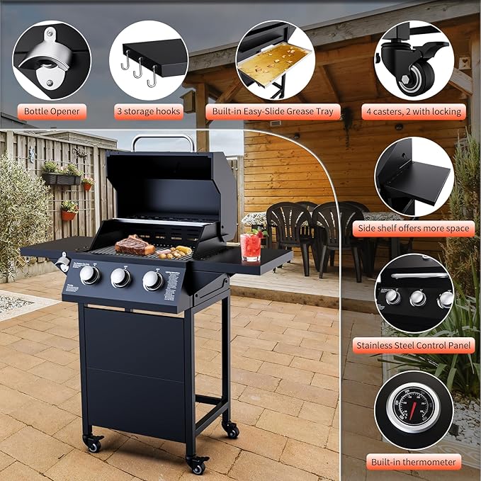 3 Burner Propane Gas Grill, 30000 BTU Outdoor Gas BBQ Grill Cooking with Two Table, Stainless Steel Cooking Grids, Built-in Thermometer, Easy-Clean Grease, for Backyard, Camping