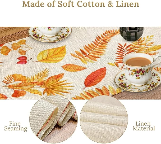 Fall Pumpkin Table Runner, Rustic Autumn Harvest Thanksgiving Sunflower Leaves Table Runner for Kitchen Dining Table Decoration Party Holiday, 13x36inch