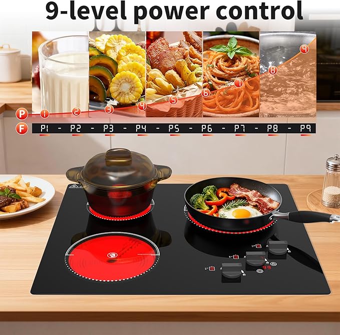 VBGK Electric Cooktop,24 inch 220V Stove Top,Touch and Knob Control,LED,9 Power Levels, Kids Lock &Timer,Overheat Protection,5000W 3 burner electric cooktop.