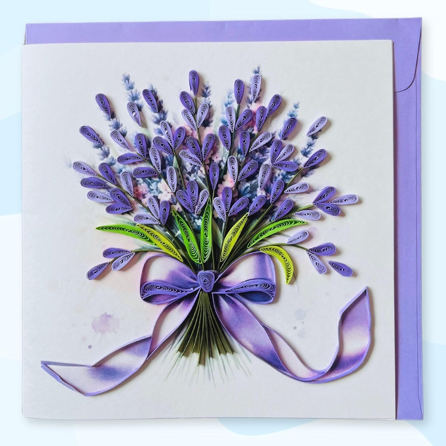 Quilling Cards, handmade card, quilled cards with Dedicated Paper Handmade Art for all occasions: Mother's day, Father's day, Birthday... Lavender flowers bouquet