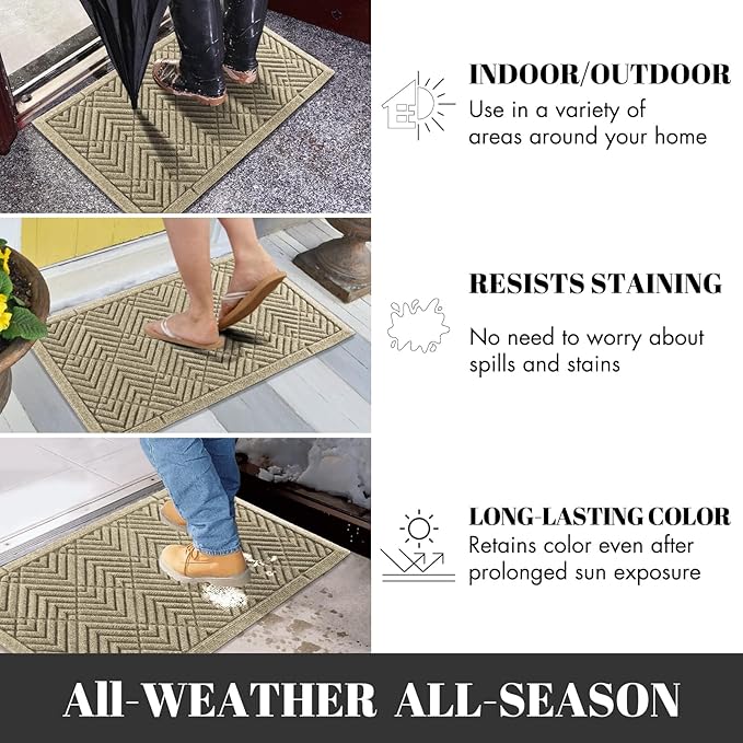 Yimobra Door Mats Outdoor 29.5x17, All-Season Waterproof Outdoor Mats for Front Door Entrance with Drainage Holes, Heavy Duty Non-Slip Doormat for Garage Patio Entryway Indoor, Beige Square