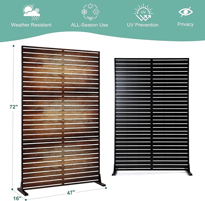 Metal Privacy Screen for Outdoor & Indoor Use, Free Standing Privacy Screen for Patio Garden Pool, 72" H x 47" W Decoative Privacy Panels, Weather Resistant, Easy Assembly (Wood Grain)