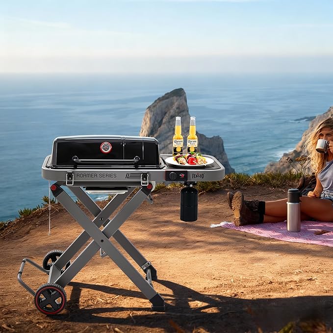 Portable Propane Gas Grill with Folding Cart & 13000 BTUs Burner, 360 Sq. In. Cast Iron Cooking Grates, Side Table, 8" Wheels, Stainless Grease Tray for Outdoor BBQ, Camping & Tailgating, Black