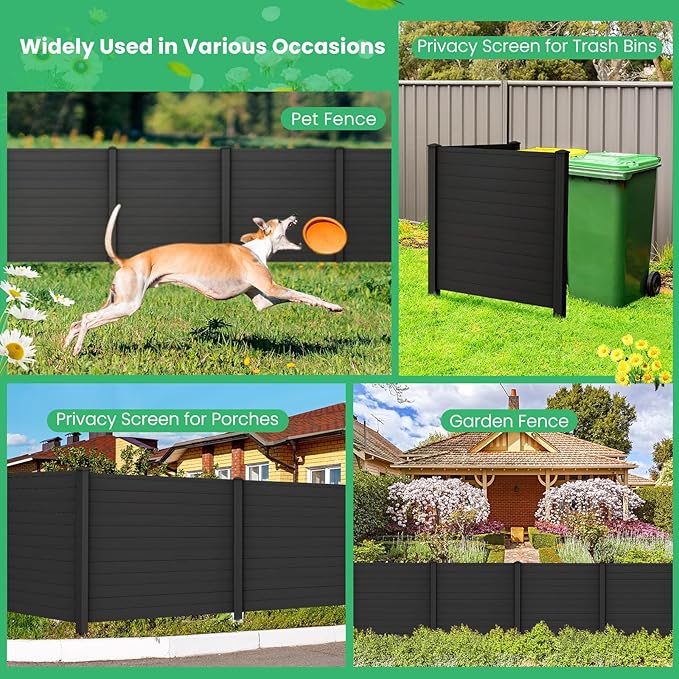 Giantex Outdoor Privacy Screen 4 Panels, 48''W x 48''H Decorative Air Conditioner Fence Trash Can Enclosure with Stakes, Easy Assembly, PVC Vinyl Picket Fences for Garden Patio Lawn, Black