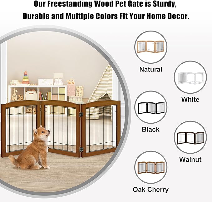 LZRS 3-Panel Freestanding Foldable Wooden Dog Gate –Solid Wood & Steel Wire Chew-Resistant Indoor Safety Pet Fence for Doorways & Stairs, Ideal for Small to Medium Dogs & Puppies, Cherry