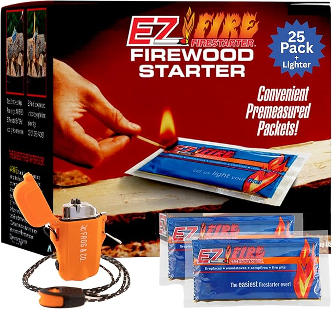 – 25 Pack All-Natural Fire Starters for Campfires, Fire Pits, BBQs & Fireplaces – Long Burning, Weather-Resistant, Non-Toxic + Survival Frog Rechargeable Lighter Kit