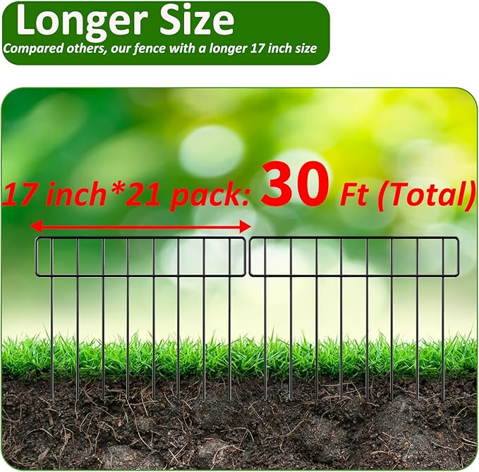 30Ft(L) X 13Inch(H) Animal Barrier Fence - 21 Pack Garden Fence Animal Barrier Garden Border, Rustproof Metal Fencing Panels, No Dig Fence Panels Defense for Dogs, Rabbits, Outdoor Patio
