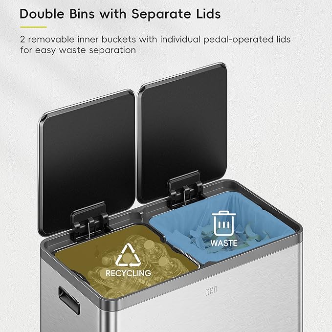 EKO EcoCasa Plus 2 x 10.6 Gal Dual Recycling Trash Can for Kitchen, Large Stainless Steel Step-On Garbage Can with Soft-Close Lids, Odor-Proof and Fingerprint-Resistant, Removable Buckets with Handles
