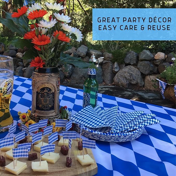 Blue & White Oktoberfest Tablecloth 54" x 96" – Bavarian Checkered Polyester Table Cover – Oktoberfest Decorations for Party, German Theme Party Supplies, Reusable & Durable | OktoberfestHaus