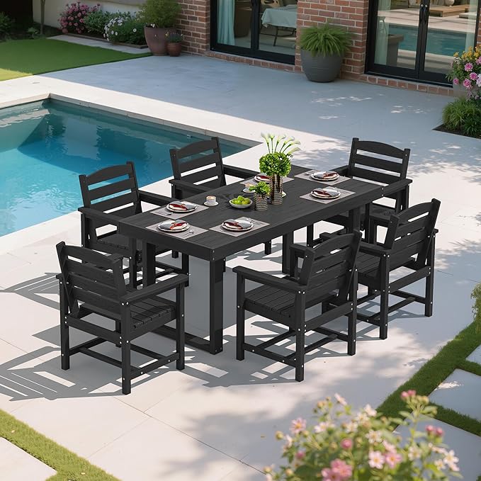SERWALL HDPE Outdoor Dining Set for 6, 67'' All Weather Patio Dining Table and Chairs Set for Deck, Lawn, Black