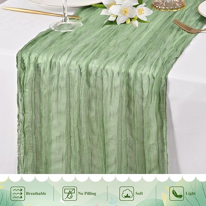 8 Packs Cheesecloth Table Runner 10FT Long Boho Gauze Fabric Table Runner Vintage Rustic Sheer Runners for Wedding Party Bridal Baby Shower Table Decorations (Sage Green)