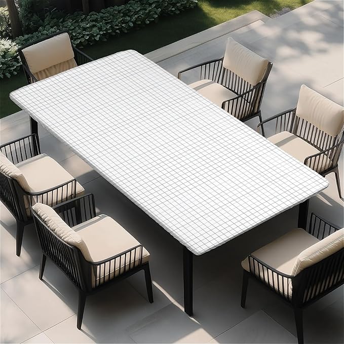 Rectangle Table Cloth Cover Waterproof Elastic Fitted Polyester Fitted Tablecloths for 6 Foot Tables for Indoor,Picnic, Camping, Outdoor （60" x 30"，White Grid）