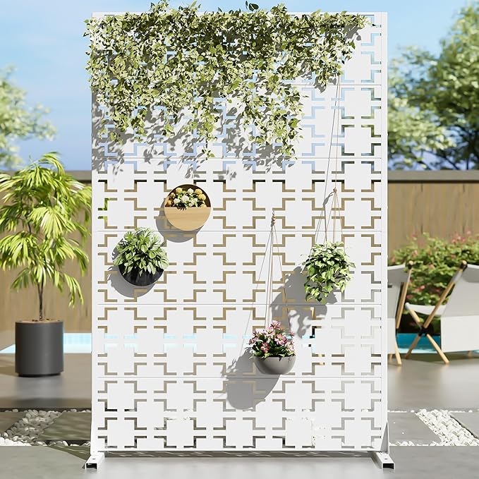 Casaphoria Metal Privacy Screen Outdoor, 72" H x 47" W Freestanding Decorative Privacy Screen for Patio Deck Balcony Garden with Stable Base, White Brick