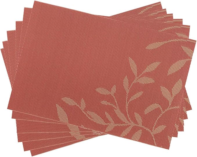 Gugrida Place Mats PVC Set of 6, Table Placemats Set of 6 PVC Woven Vinyl Place Mats Table Mats Natural Color (6 pcs, Oriange Leaves)
