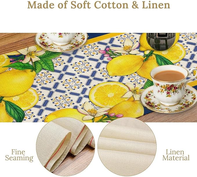Yellow Lemon Table Runner, Spring Summer Seasonal Blue Tiles Watercolor Lemon Table Runner for Farmhouse Kitchen Indoor Outdoor Party Decor, 13x70inch