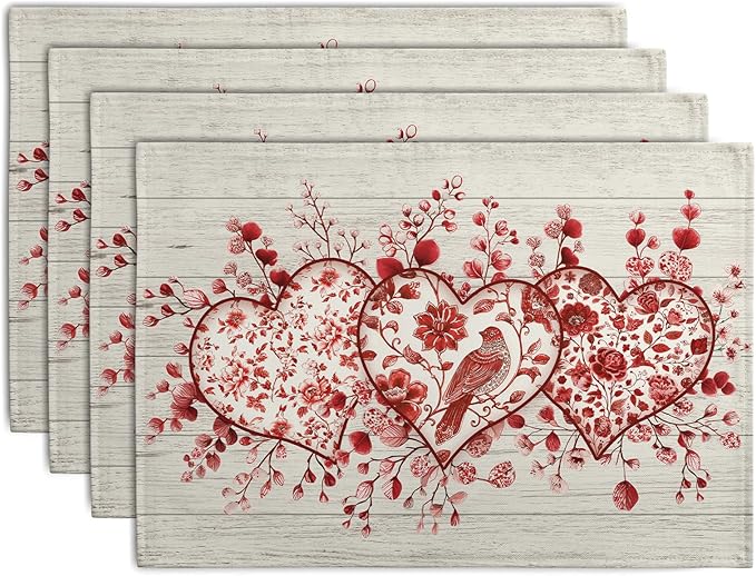 Valentine Wooden Heart Placemats Set of 4, 12x18 Inch Valentines Chinoiserie Red Floral Dining Table Placemats Heat Resistant Washable Table Mats for Kitchen Dining Holiday Indoor