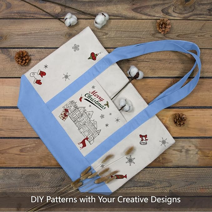 TOPDesign 1-Pack Canvas Tote Bag with an External Pocket, Reusable Grocery Shopping Bag, Top Zipper Closure, Daily Essentials (Light Blue/Natural)