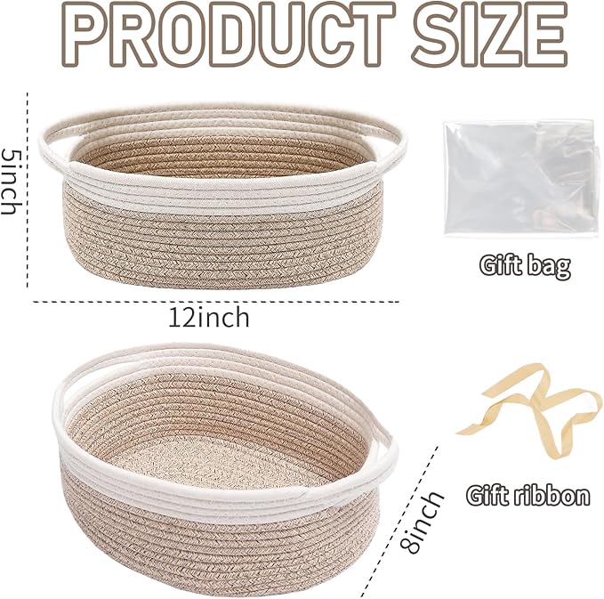 Woven Basket,Small Rope Storage Bin with Handles & Ribbon Bag, Organizer for Shelves Closets,Gift Basket Empty for Birthday,Books,Dog Toys, White&Oatmeal