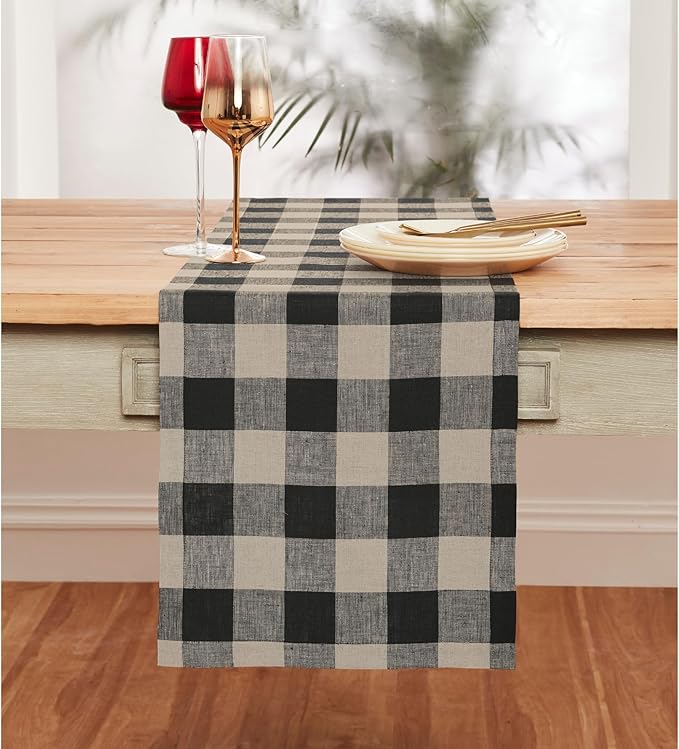 Solino Home Linen Checkered Table Runners 72 Inches Long - 100% Pure Linen Natural and Black Buffalo Check Table Runner 14 x 72 Inch Ideal for Dresser, Dining, Spring