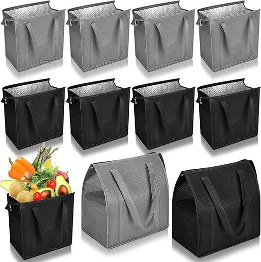 10 Pack Large Insulated Grocery Bags Reusable Shopping Bags with Zippered Top 13 x 12 x 7 Inch Thermal Cooler Totes Bulk with Handles for Hot Cold Food Delivery Refrigerator(Grey,Black)