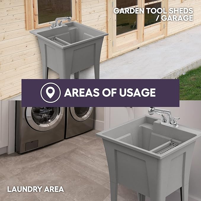 Freestanding Utility Sink with Two Handle Chrome Faucet - 24" Plastic Utility Sink for Garage, Laundry, Indoor and Oudoor Use - Laundry Tub Kit by Noah William Home - Grey (19.5 gal)