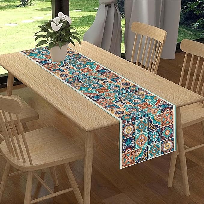 Mexican Table Runner, Blue Rustic Mexico Talavera Ceramic Hand Painted Tiles Cinco De Mayo Coffee Table Center Decor for Family Kitchen and Dining Patio Indoor Outdoor Table Decorations, 13" X 90"