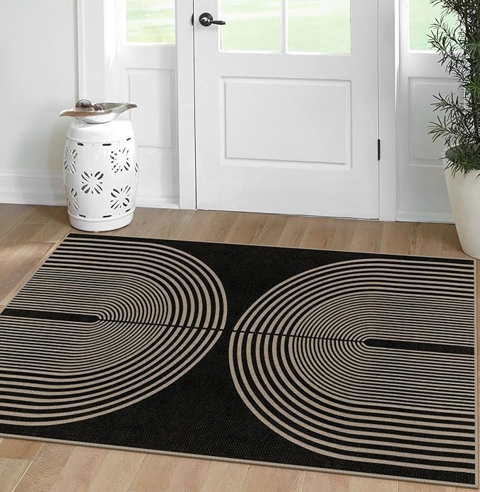 Easy Jute Rainbow Area Rug, 3x5 Black Indoor Outdoor Entryway Rug Washable Non-Slip Modern Boho Kitchen Rugs, Farmhouse Abstract Throw Carpet for Living Room Patio Kids Room