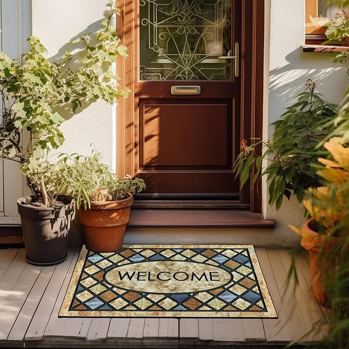 CHICHIC Welcome Door Mat 24x 36 Inch Front Doormat Outdoors for Home Entrance Outdoors Mat for Outside Entry Way Doormat Entry Rugs, Heavy Duty Non Slip Rubber Back Low Profile,Blue Welcome