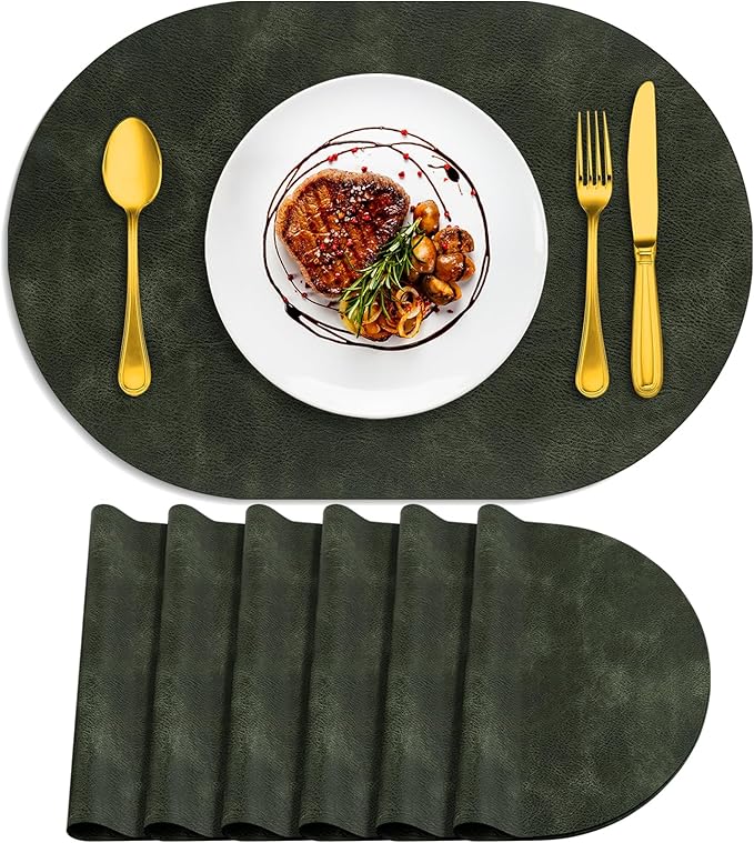 ADRIMER Placemats, Heat Resistant Oval Placemats Set of 6 Washable 12 x 17 Inch, Waterproof Table Mats, Wipeable Pu Place Mats for Kitchen, Dining Room, Olive Green
