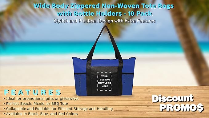 DISCOUNT PROMOS 10 Zippered Non-Woven Tote Bags Set - Customizable Text, Logo - Mesh Pocket, Zippered, Recyclable, Reusable - Blue - 19"X14"X3", with Zipper