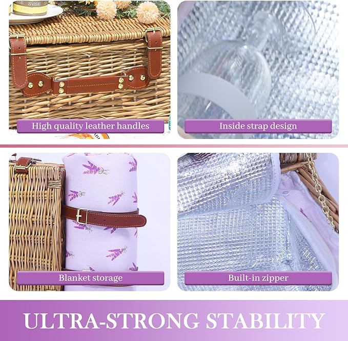 Neti Neti Wicker Picnic Basket for 4 with Insulated Cooler & Waterproof Blanket – Large Willow Picnic Hamper for Outdoor, Camping, Beach, Romantic Dates, Valentine’s Day