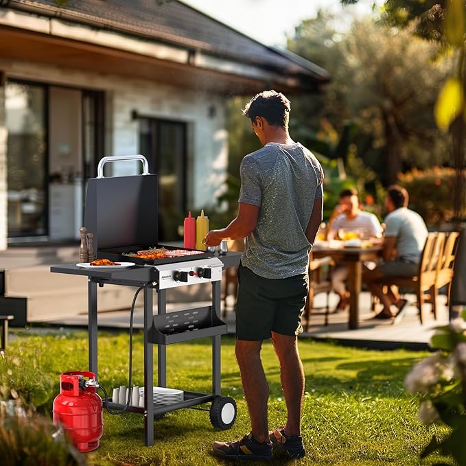 ROVSUN 2 Burner Portable Propane Griddle with Enameled Tray & Lid, 20000 BTU Rolling Flat Top Gas Grill with Electronic Ignition, Side Shelves & Regulator for Outdoor Cooking Camping BBQ Tailgating