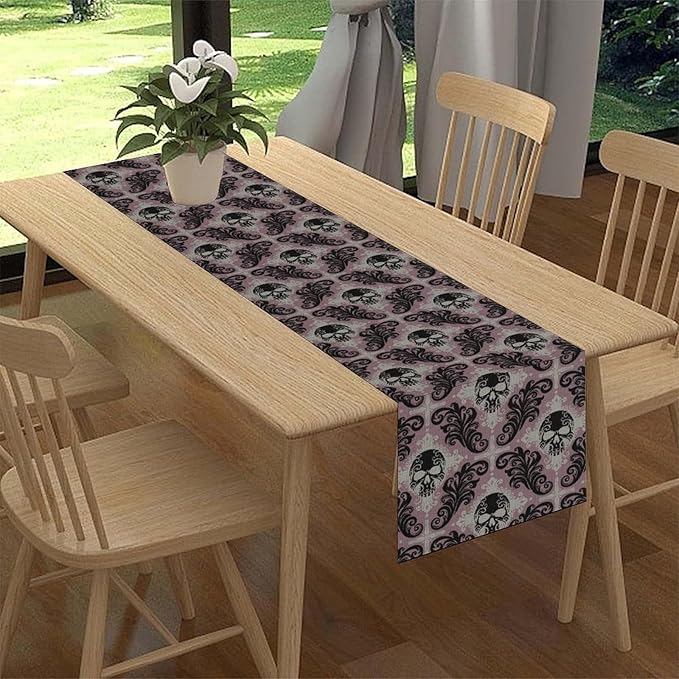 Goth Table Runner, Antique Gothic Damask Skull Baroque Style Floral Halloween Exotic Purple Coffee Vintage Table Center Decor for Kitchen and Dining Outdoor Country Party Table Decorations, 13"x108"