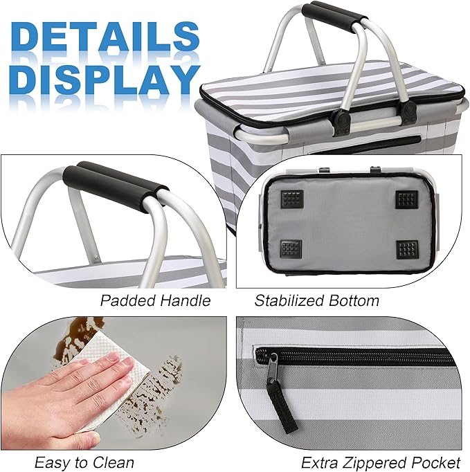 SIYUAN 30L Picnic Basket with Handles Leakproof Large Stripped Insulated Cooler Grocery Shopping Market Tote for Family Gray White