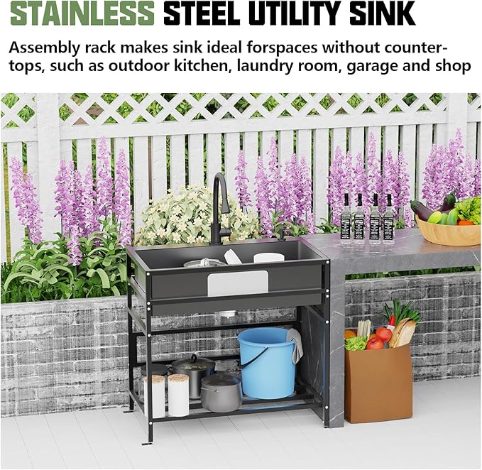Black 33x19 Inch Freestanding Utility Sink-Stainless Steel Laundry Sink Practicality With Accessories Black Stainless Faucet,Soap Dispenser, SS Sink Grid For Laundry,Garage,Outdoor Kitchen,Garden...