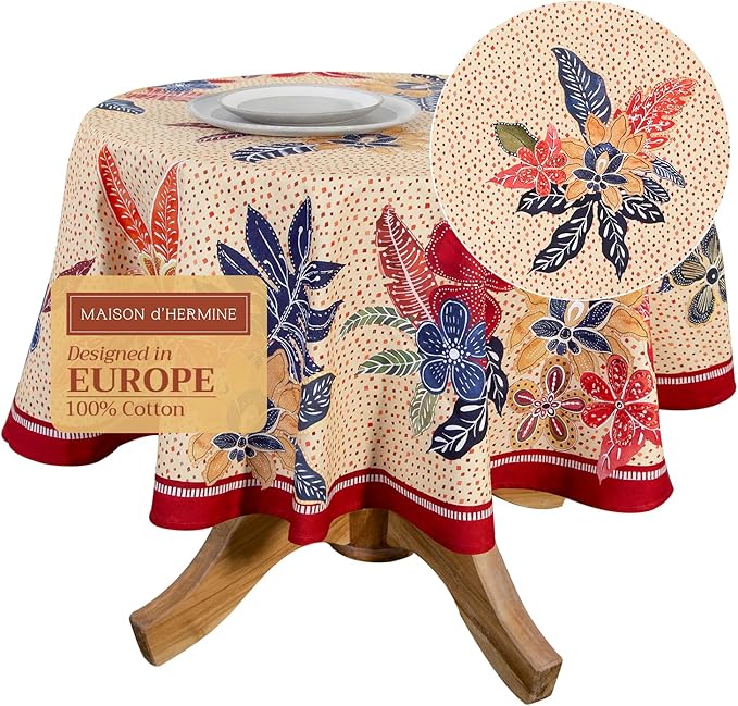 Maison d' Hermine Table Cloth Round Table 100% Cotton 69 Inches Fall Tablecloth Reusable Everyday Use for Thanksgiving Christmas Decorations Dining Farmhouse Party (Kalahari)