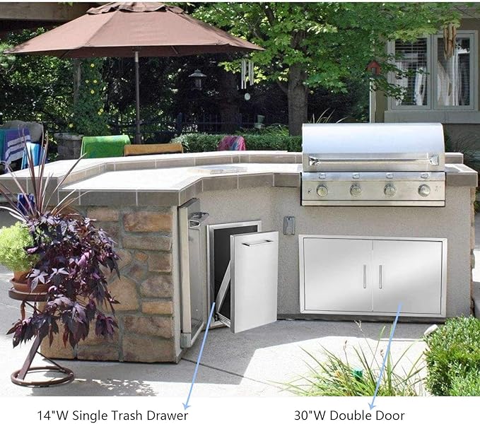 TIANAI 14" Single Pull-Out Trash Drawer Stainless Steel Outdoor Kitchen Trash Drawer Storage for One 10 Gallon Commercial Wastebasket