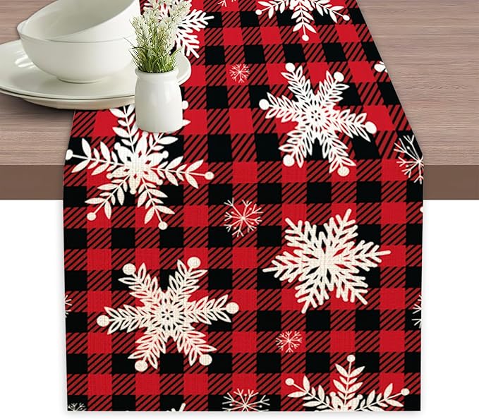 Christmas Red Plaid Snowflake Table Runners 70 inches Long Table Runner Elegant Linen Dresser Scarfs Farmhouse Tablerunner for Wedding/Coffee/Dining Table/Party Home Decor