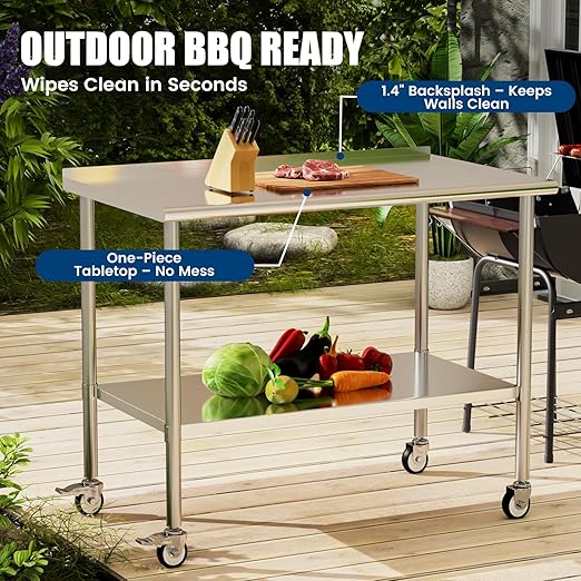 Stainless Steel Work Table with Wheels, 30x60 Inch NSF Food Prep Table with Backsplash & Adjustable Undershelf for Commercial Kitchen, Restaurant, Garage