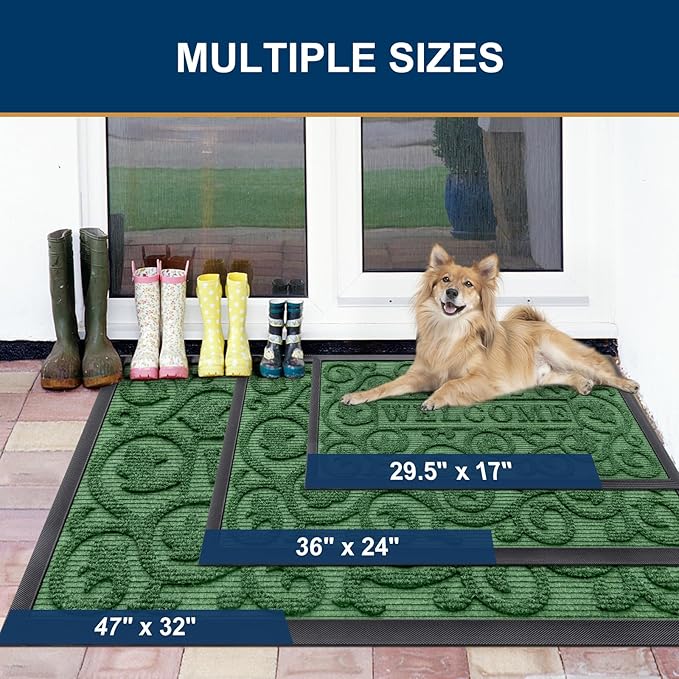 Smiry Welcome Door Mat Outside Entrance, Heavy Duty Trap Dirt and Moisture Easy Clean Low Profile Patio Porch Indoor Outdoor Front Doormat for Entry, 36x24 Inch, Green
