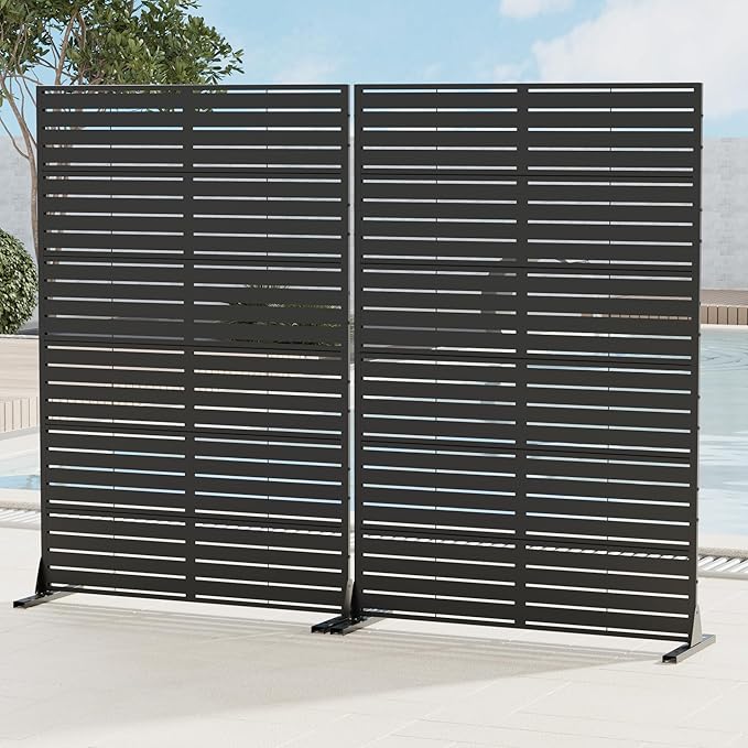 Casaphoria Metal Privacy Screen 72" H x 45" W, 2 Pack Outdoor Freestanding Decorative Divider for Patio & Garden with Stable Base, Black-Louvered