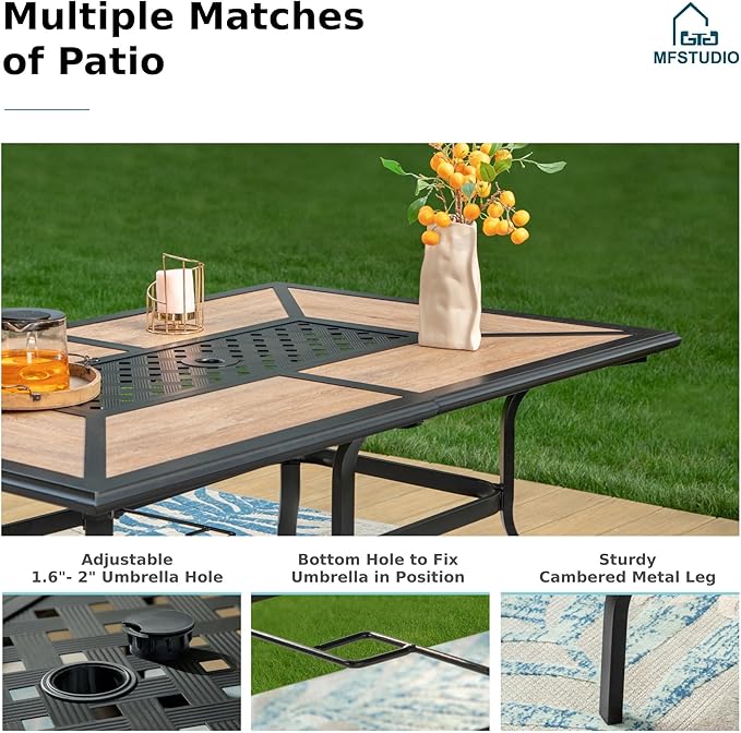 MFSTUDIO Outdoor Patio Dining Table for 6, Rectangular Patio Furniture Table with Metal Frame and Immitation Top, Adjustable Umbrella Hole