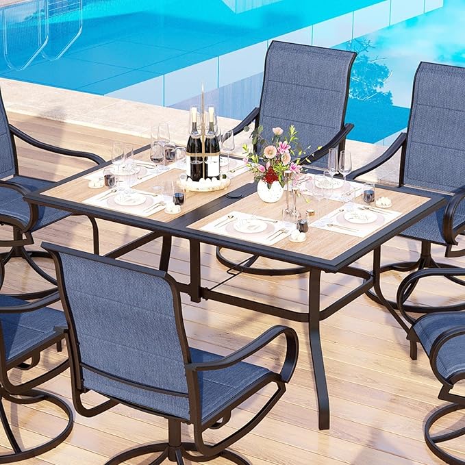 MFSTUDIO Outdoor Patio Dining Table for 6, Rectangular Furniture Table with Metal Frame and Immitation Wood Top, Outdoor Deck Backyard Garden Table with Umbrella Hole