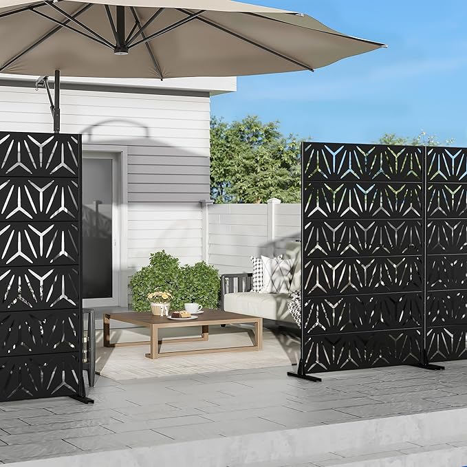 Casaphoria Metal Privacy Screen Outdoor, 72" H x 47" W Freestanding Decorative Privacy Screen for Patio Deck Balcony Garden with Stable Base, Black-stellate