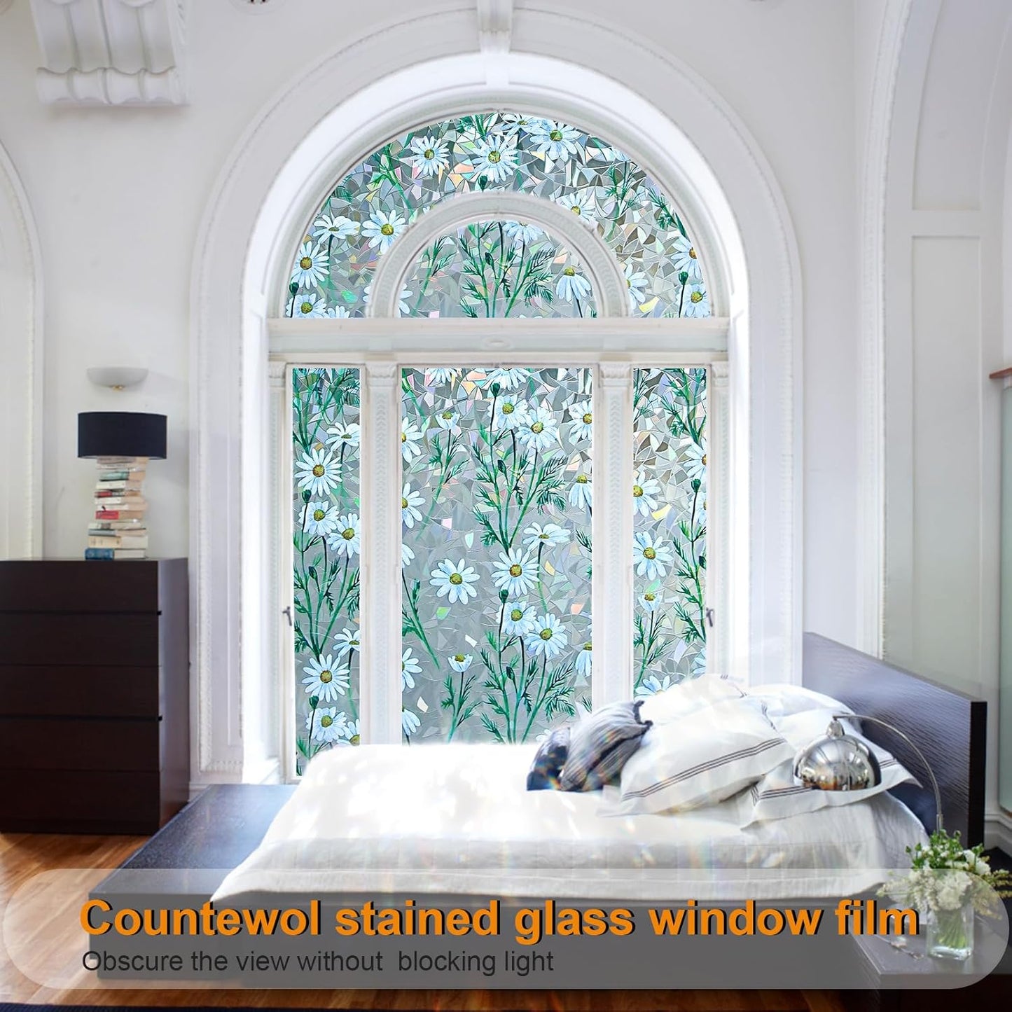 Window Privacy Film Stain Glass Window Film Rainbow Window Film Window clings Non-Adhesive Reusable Decorative for Room (Daisy Rainbow, 35.4 x 157.4 in)
